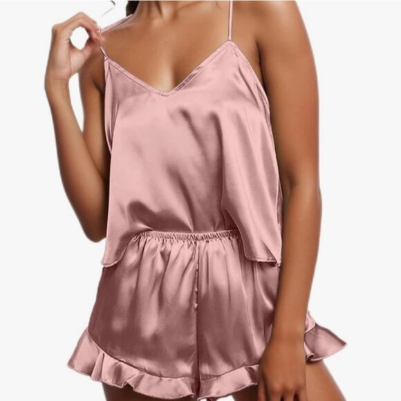 Chyrii Pink Pajama Short Set Size L Racerback Camisole Top Ruffle Trim Shorts - Picture 3 of 15